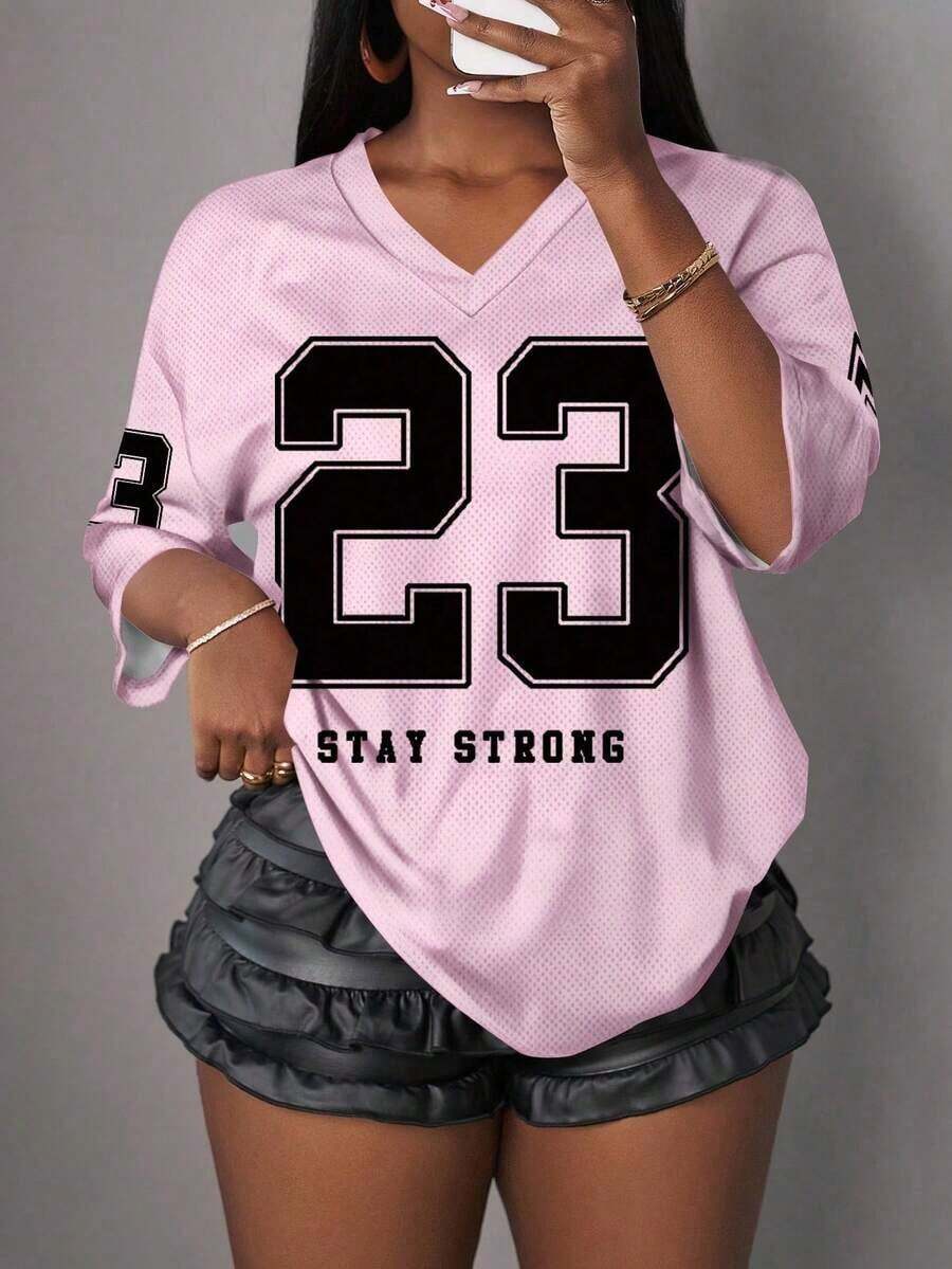 Camiseta de mujer con gráfico de letras y números, de estilo minimalista y casual, adecuada para el verano - Rosa Pálido - Ver 1