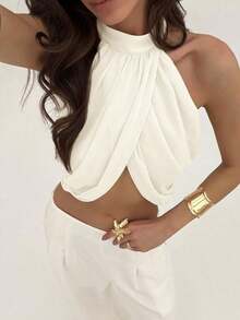 Blusa elegante y sexy para mujer con cuello cruzado, fruncido en la espalda y botones, de estilo casual y de vacaciones, de gasa - Albaricoque - Ver 7