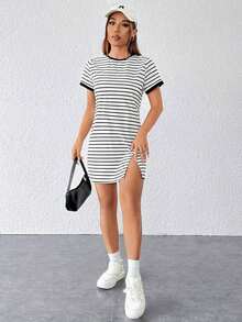 Vestido camiseta con bloqueo de color y estampado de rayas - Blanco - Ver 4