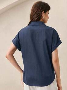 Nueva llegada Camisa casual de manga corta con botones delanteros de unicolor, adecuada para uso diario, primavera/verano - Azul 2 - Ver 6