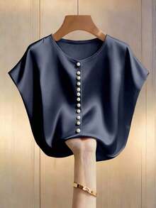 Blusa elegante de mujer con mangas de murciélago en color champán, cuello redondo decorado con perlas y manga corta, de tela de satén, adecuada para ir a trabajar y uso diario elegante - azul real - Ver 4