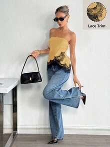 Top bandeau con encaje satinado mate - Amarillo - Ver 1