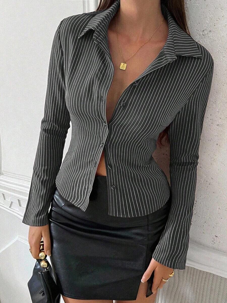 Camisa elegante de manga larga con rayas azules y blancas de corte slim para uso diario, estilo francés para mujeres - Gris Oscuro - Ver 1