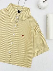 ElCamisa de manga corta holgada con bordado de mariposa a rayas azules para mujer, corta - Amarillo 2 - Ver 7