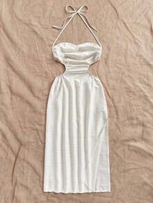 Vestido largo con espalda calada y lazo, cuello drapeado, lazo en la cintura, abertura alta, adecuado para vacaciones, festivales de música, estilo bohemio, vacaciones, citas, té de la tarde - Beis - Ver 7