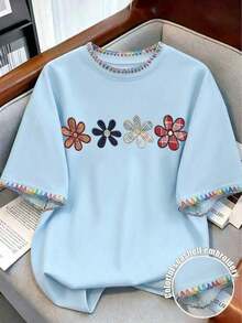 Camiseta de mujer de cuello redondo con estampado de contraste de color degradado de fresa, para verano - Celeste - Ver 4
