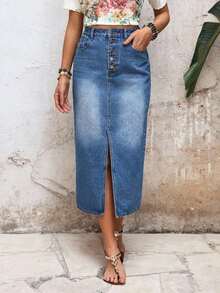Falda vaquera larga casual con bolsillos y abertura lateral para mujer - Azul - Ver 1