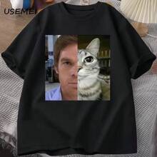 Camiseta de manga corta holgada estilo americano con diseño del gato Dexter Morgan para hombres y mujeres, top de cuello redondo para parejas de verano, a la moda. - Negro - Ver 1