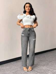 Jeans rectos de talle alto con bolsillos, ajustados y desgastados para mujer - Gris - Ver 4