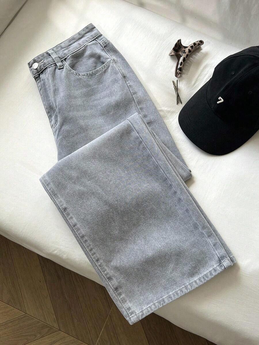 Jeans de mezclilla casuales y cómodos de pierna ancha con bolsillos para mujer - Gris - Ver 1
