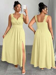 Elenzya Vestido línea A con cuello en V, contraste de encaje, tirantes finos y abertura para tallas grandes - amarillo ganso - Ver 9