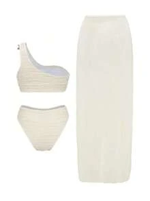 Swim Oasis Conjunto de 2 piezas de verano para vacaciones en la playa para mujer - Top con un hombro, estampado ondulado y decoración de estrella de mar metálica, shorts de corte alto + falda bikini con decoración de estrella de mar de malla - Beis - Ver 6