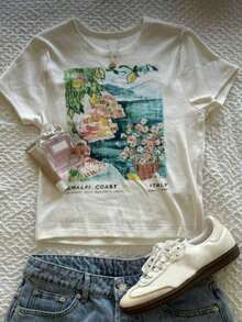 Camiseta casual de mujer de cuello redondo y manga corta con estampado floral - Blanco 2 - Ver 7