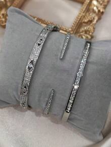 1/3pcs Stainless Steel 16K Gold Plated Devil's Eye Rhinestone Bracelet + 16K Gold Plated Copper Inlaid Artificial Zirconia Heart Bangle Set, Fashionable Women's Bracelet Suit For Daily Wear, Holiday Gift - Silver - View 3