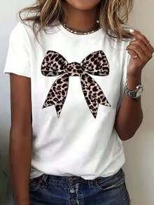Mujer Camiseta de manga corta con estampado térmico de lazo de leopardo, diseño de lazo en tonos marrón y negro, estilo casual americano - Blanco - Ver 1