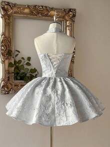 Vestido elegante, romántico y de moda de tela jacquard burdeos con escote halter, espalda descubierta y manga larga en corte evasé, adecuado para ceremonia de graduación, apertura de escuela, festival de música, fiesta de cumpleaños, boda, té de la tarde, baile de graduación - Blanco - Ver 2