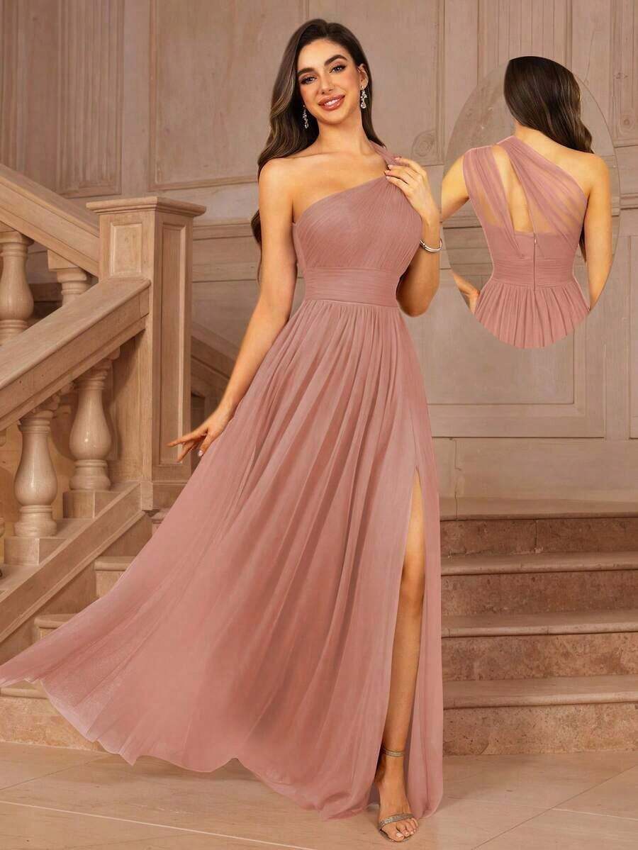 Vestido formal largo para dama de honor, invitada de boda, evento, verano, San Valentín, cumpleaños, con cuello cruzado asimétrico de un hombro, espalda descubierta, falda de tul en línea A, vestidos de mujer para otoño, regreso a clases, fiesta de bienvenida, cumpleaños, primavera elegante - Rosa coral - Ver 1