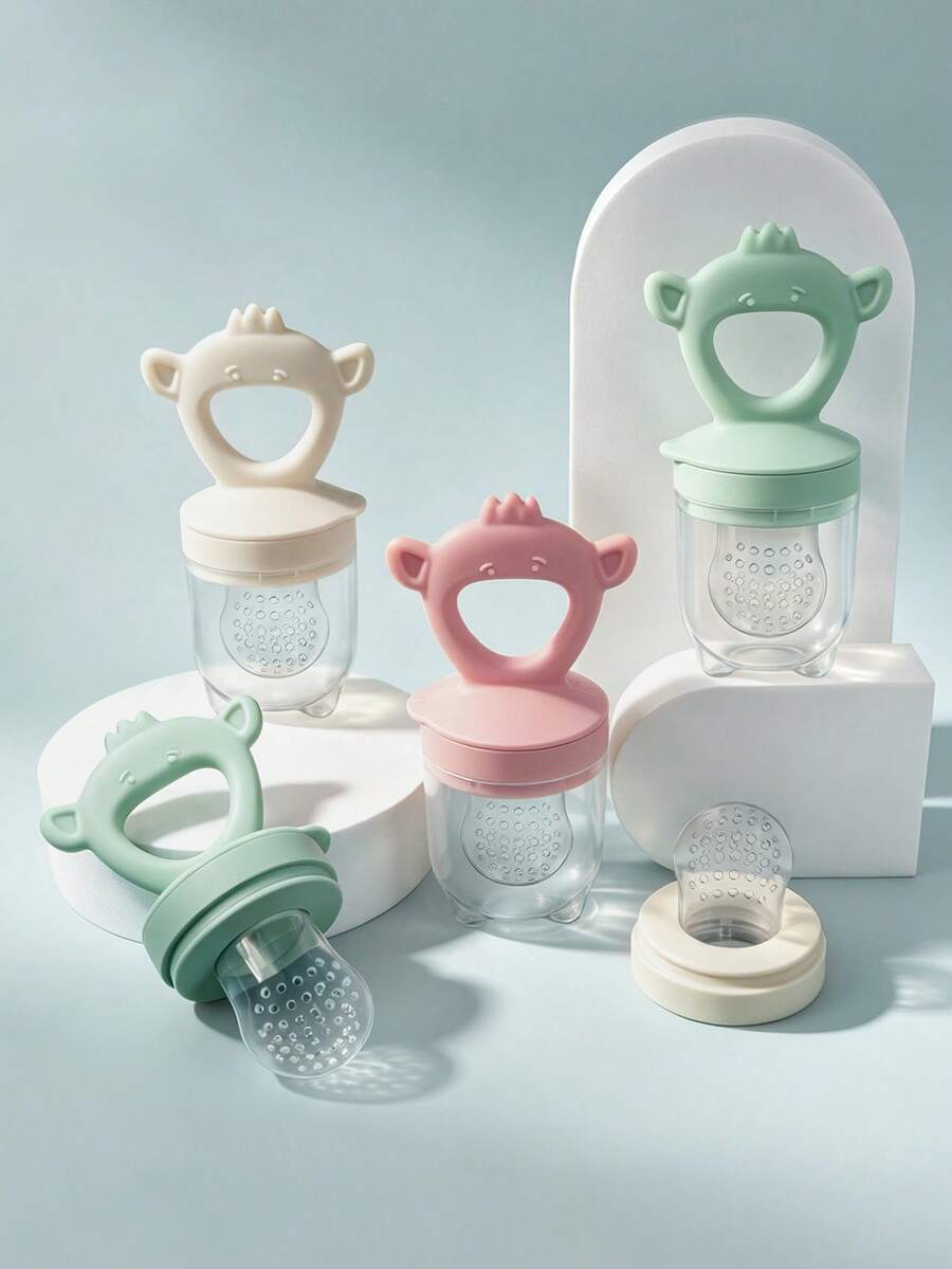 4件套婴儿水果蔬菜喂食器,带手柄,辅助喂养工具,包含3个奶嘴头,卡通熊造型婴儿水果磨牙玩具 - 彩色 - 查看 1