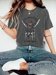 Talla Grande - Talla Grande - Camiseta con Estampado Gráfico de Mothman Shriek, Manga Corta, Cuello Redondo, Estilo Casual, para Verano y Primavera, Ropa de Talla Grande para Mujer - Blanco - Ver 7
