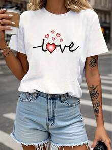 Stylish Plus-Size Everyday T-Shirt, Creative "Romantic Heart" Print Design For Valentine's Day, White Short-Sleeved Crew Neck T-Shirt For Women - Machine Washable, Suitable For Parties, Casual Outings, Friend Gatherings, Holiday Wear, Christmas Gift, Chic Fashion T-Shirt. - 白色 - 查看 8