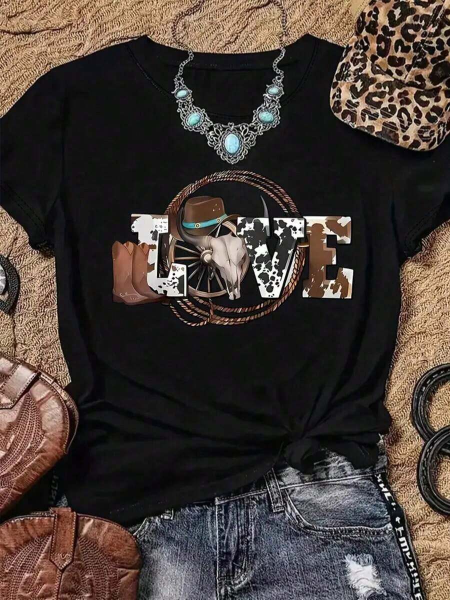 Vintage Camiseta femenina casual estilo vaquero con estampado de letras LOVE y elementos western, tela suave, corte holgado, cuello redondo, manga corta para primavera/verano fiestas al aire libreFashion 100% Cotton - Negro - Ver 1