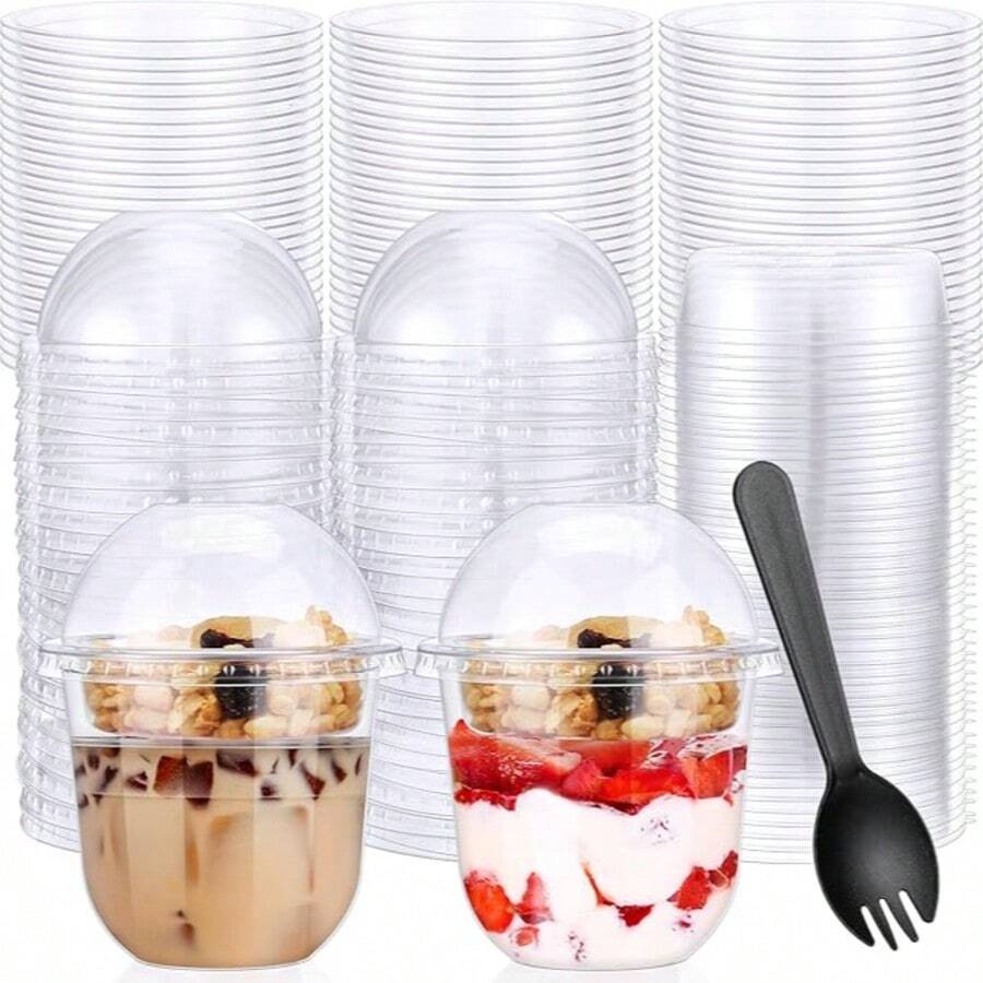 300Pcs Crystal Clear Disposable Dessert Cups Set, Leak Proof Plastic Drinking Cups With Lids & Sporks, 8oz 12oz Stackable Transparent Food Containers For Smoothie Milkshake Iced Coffee Fruit Pudding Wedding Party Daily Use