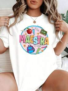 Short-Sleeve Graphic Tees Colorful Print With The Word TEACHER Surrounded By Apple, Chalkboard, Backpack, Pencil, Stars And Learning Symbols That Celebrate Educational Dedication. Women's T-Shirt, 100% Cotton, Comfortable And Creative. - 白色的 - 查看 6