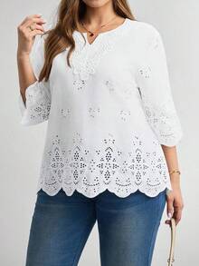 Blusa de verano de talla grande, de unicolor, hueca, bordada, casual, para vacaciones, temporada de bodas, nuevo diseño de playa para mujer - Blanco 3 - Ver 5