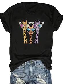 GiftGiftGiftGiftPlus, Camiseta de Talla Grande para Mujer con Estampado de Jirafa y Gafas de Moda en Tres Colores Diferentes, Cuello Redondo, SuaveSoftSoft - Negro - Ver 6