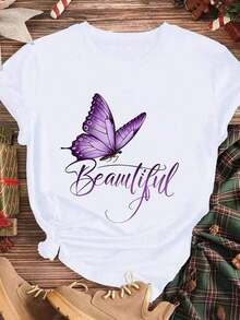 Hermosa Camiseta con Estampado de Mariposas para Mujer, Ropa Casual de Verano, Color Blanco con Mariposa Morada y Diseño Elegante, Perfecta para Atuendos Diarios e Ideas de Regalo - Blanco - Ver 3