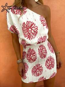 Women's Fashionable Versatile Elegant Floral Print Off-Shoulder Bodycon Dress, Spring/Summer - Multicolor - View 4