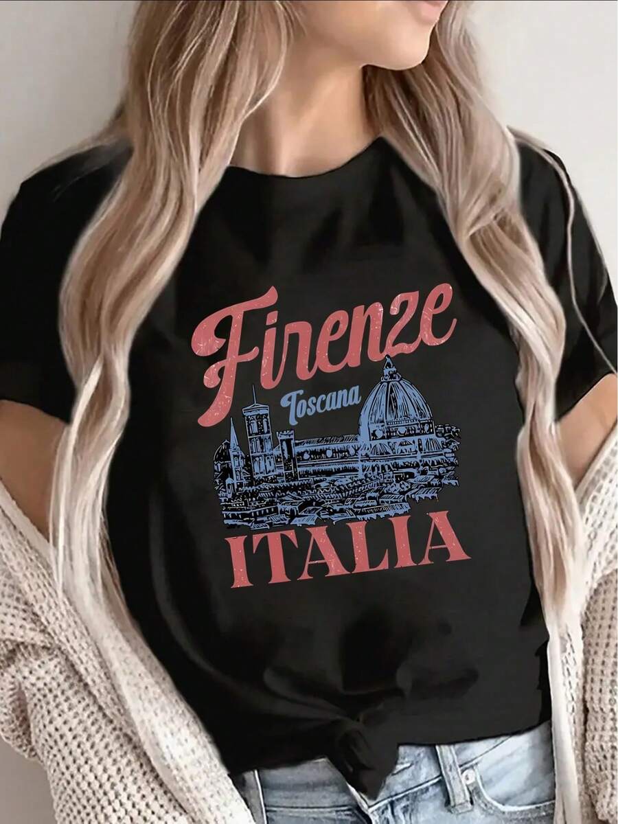 Camiseta suave 100% algodón. Camiseta casual de manga corta para mujer con estampado de Florencia, Italia, diseñada para ofrecer comodidad y ligereza, ideal para viajes y atuendos cotidianos. Camiseta de algodón transpirable, combina con todo. - Negro - Ver 1
