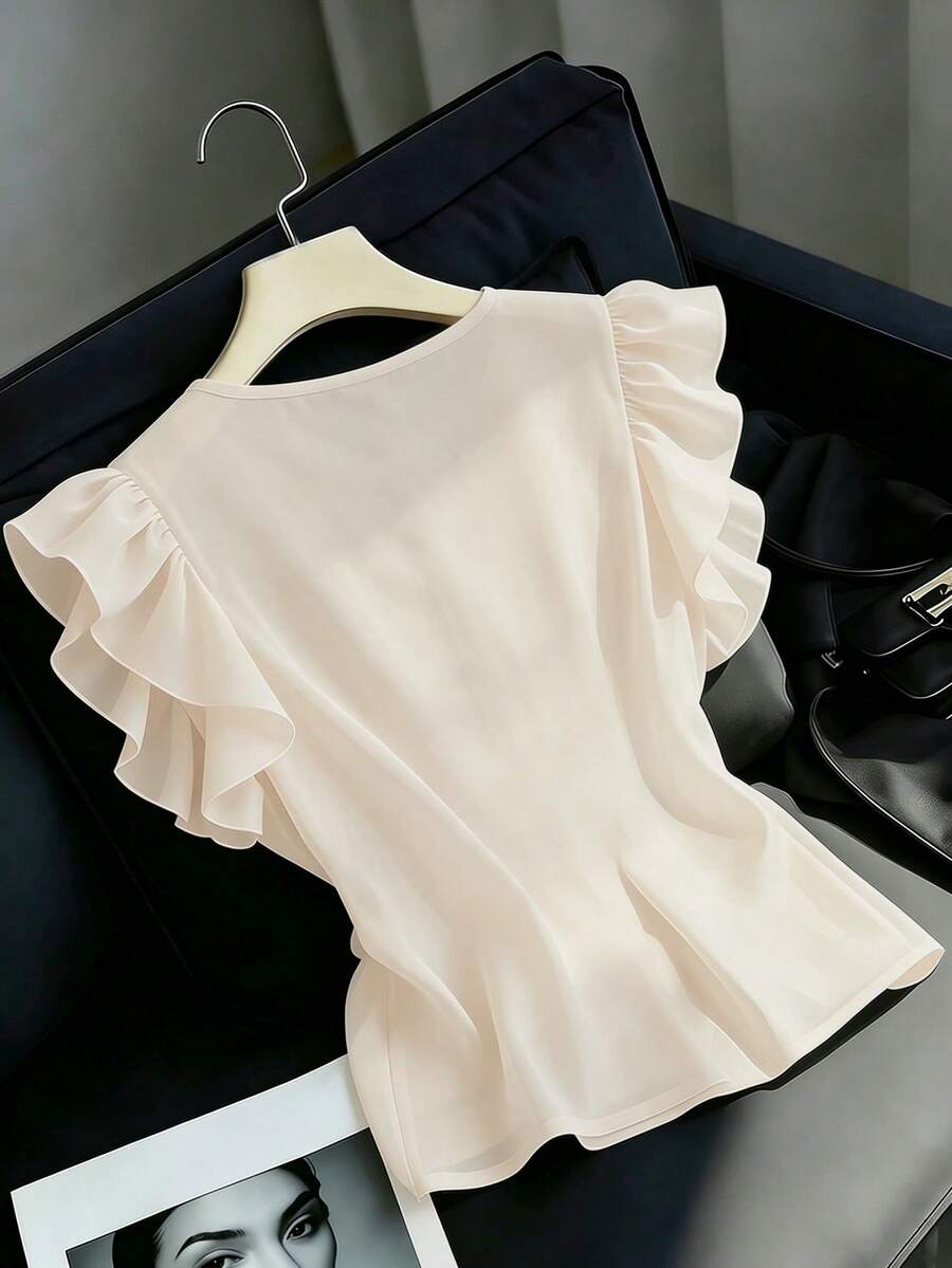 2026 Summer Ladies' Elegant New French Gentle Style V-Neck Solid Color Shirt,Loose Version, Flouncy Flying Sleeve Design,A Versatile Commuter Style. - Apricot - View 1