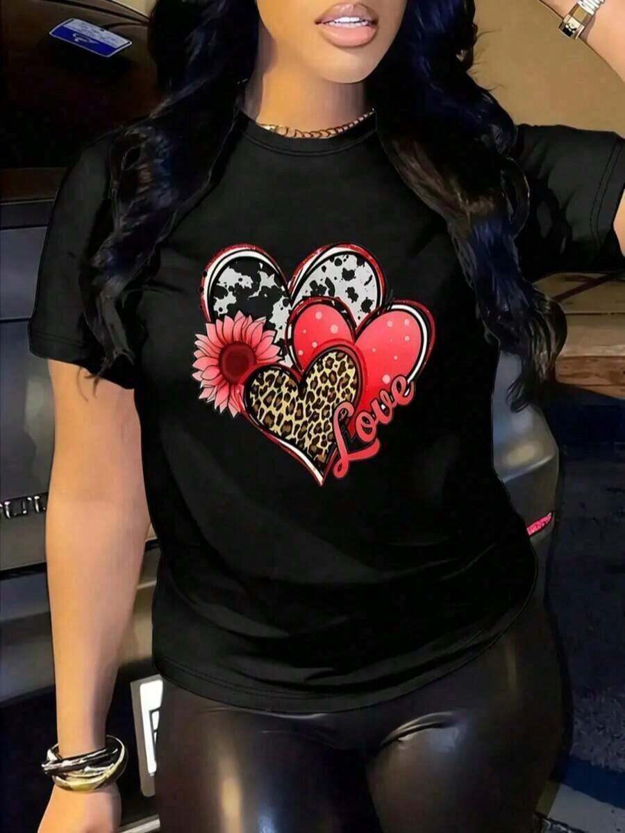 Women's-fashion1 Corazón Letras Estampado de Leopardo Casual Dulce Fiesta Sexy Ninguno Playa Casa Vacaciones Boda Deportivo Oficina viaje regreso a casa Sesión de fotos Calle Concierto de música country desalmuerzo veranoNew loose and versatile top Adecuado como regalo. playera de mujer. blusas>elegantes. boho chic,Top de mujer suave, transpirable y cómodo, ideal para primavera, verano y otoño, perfecto para vacaciones, viajes y uso diario. Adecuado como regalo. playera de mujer. blusas>elegantes. boho chic,Top de mujer suave, transpirable y cómodo, ideal para primavera, verano y otoño, perfecto para vacaciones, viajes y uso diario. - Negro 1 - Ver 1