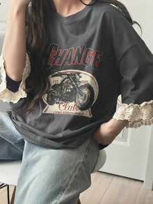 Camiseta de manga corta para mujer con ajuste holgado, estampado de letras, parches de encaje, de mezcla de algodón transpirable, versátil para primavera/verano - Gris 2 - Ver 5