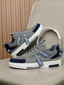 Sepatu Sneakers Kasual Low-Top Gaya Jalanan Pria dengan Motif Acak yang Dipersonalisasi, Sepatu Santai Luar Ruangan Retro Minimalis Patchwork untuk Remaja, Cocok untuk Semua Musim - abu-abu biru - View 5