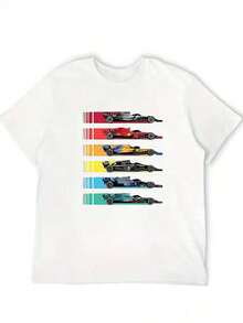 Camiseta con estampado de coche de carreras, 180G, blanco y negro, cuello redondo, corte holgado básico, transpirable, versátil, lavable a máquina, cómoda, S - 3XL, ideal para uso diario casual, deportivo, esencial para el verano Blusas Bonito 100% Cotton - Blanco - Ver 3