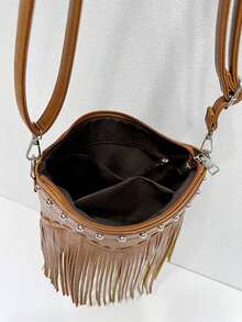 1 pieza Bolso de cubo vintage con flecos para mujer, bolso cruzado reversible con flecos - Marrón 3 - Ver 9