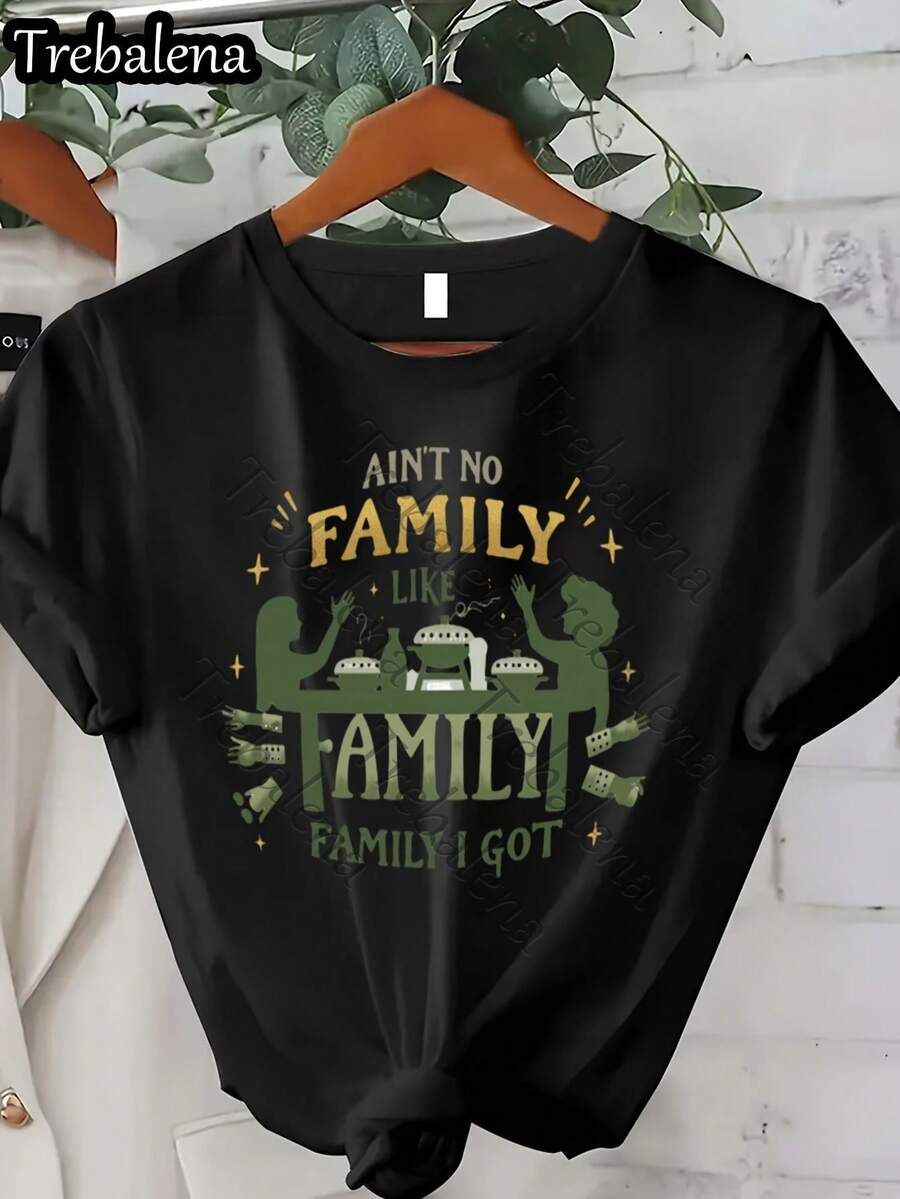 Talla Grande - Camiseta de Cuello Redondo Talla Grande con Letras Coloridas "No Hay Familia Como la Que Tengo" - Camiseta de Manga Corta Talla Grande - Top Casual de Moda para Verano y Primavera - Ropa de Mujer para el Día de la Madre/Día de los Caídos/Juneteenth 0XL-4XL - Negro7 - Ver 1