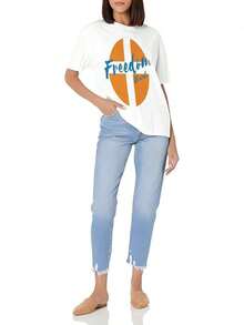 Camiseta Básica de Cuello Redondo para Mujer con Logo Circular y Borde Blanco - Algodón Suave, Corte Ajustado, Versátil para Uso Diario, Ropa Fresca de Verano - Blanco - Ver 2