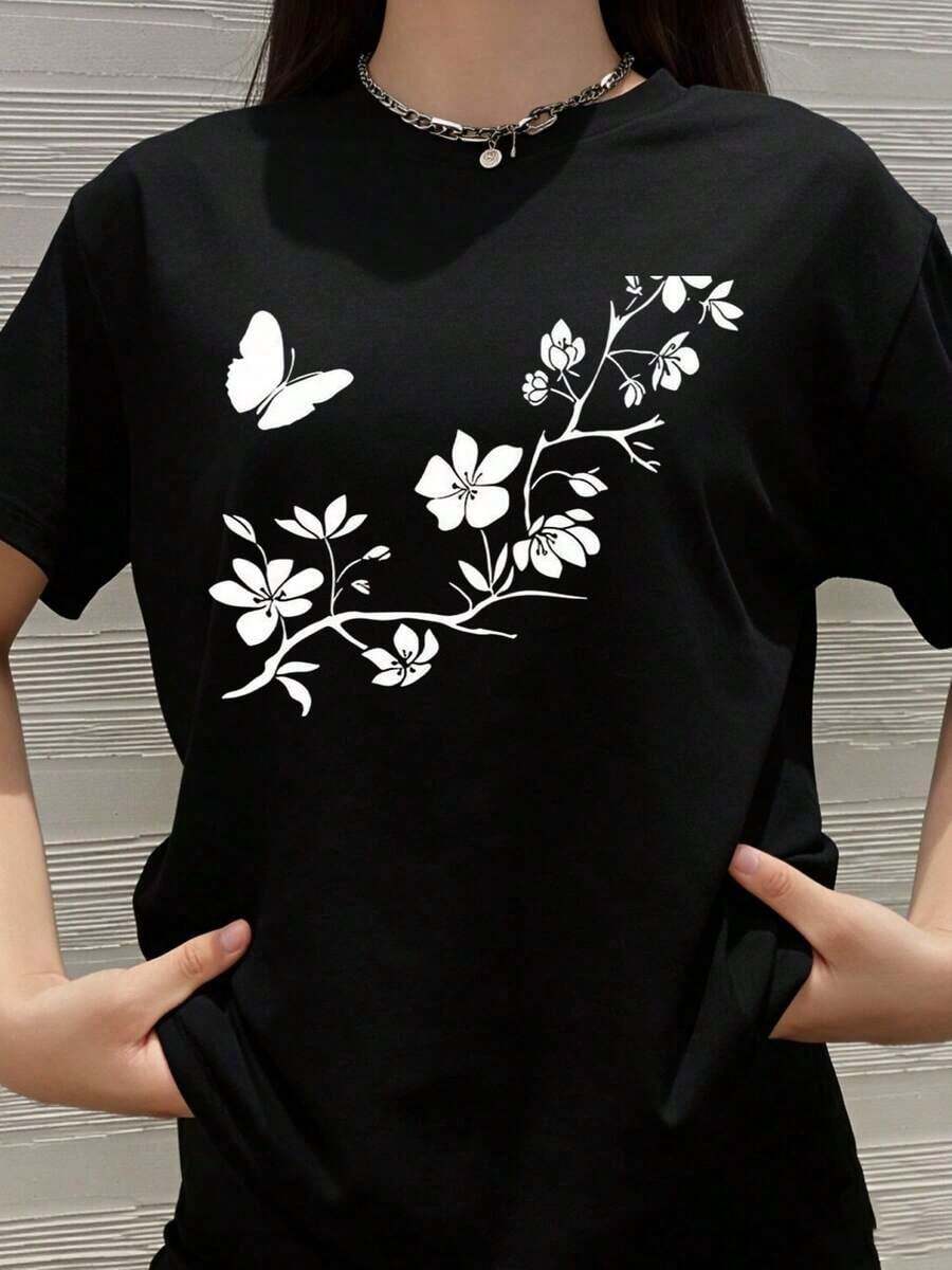Camiseta Blanca con Estampado de Mariposas y Ramas Florales para Mujer, Top Casual de Verano, Camiseta Gráfica de Moda con Diseño Natural - Negro - Ver 1