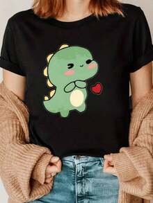 Camiseta de mujerMujer Camiseta de Manga Cclothesta con Dinosaurio Kawaii Estampado de Cclothesazón Diseño Divertido y Tierno para Adolescentes y Mujeres Amantes de los Animales Estilo Casual Verano 2023Cómoda y ligera - Negro - Ver 1