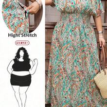 CURVE+ Curve Size Music Festival, Seaside Vacation, BohemiaRandom Print Pleated Elastic Waist Women Beach Dress, Summer Holiday Outfit - Multicolor - Ver 9