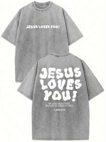 1 Premium Christian T-Shirt - Jesus Loves You! Religious Theme, Black With White Lettering - Casual Style Church Wear For All Seasons, Machine Washable, Faith Gift, Adult Church T-Shirt, Clothing For Religious Activities, Printed T-Shirt, Vintage Wash Effect, High Quality Cotton, Spiritual Clothing, Vintage Fashion, Printed T-Shirt, Faith Community, Basic T-Shirt For Autumn And Winter - Unisex Short Sleeve Crew Neck Loose Fit Cotton Urban Vintage Style T-Shirt. - 黑色 - 查看 5