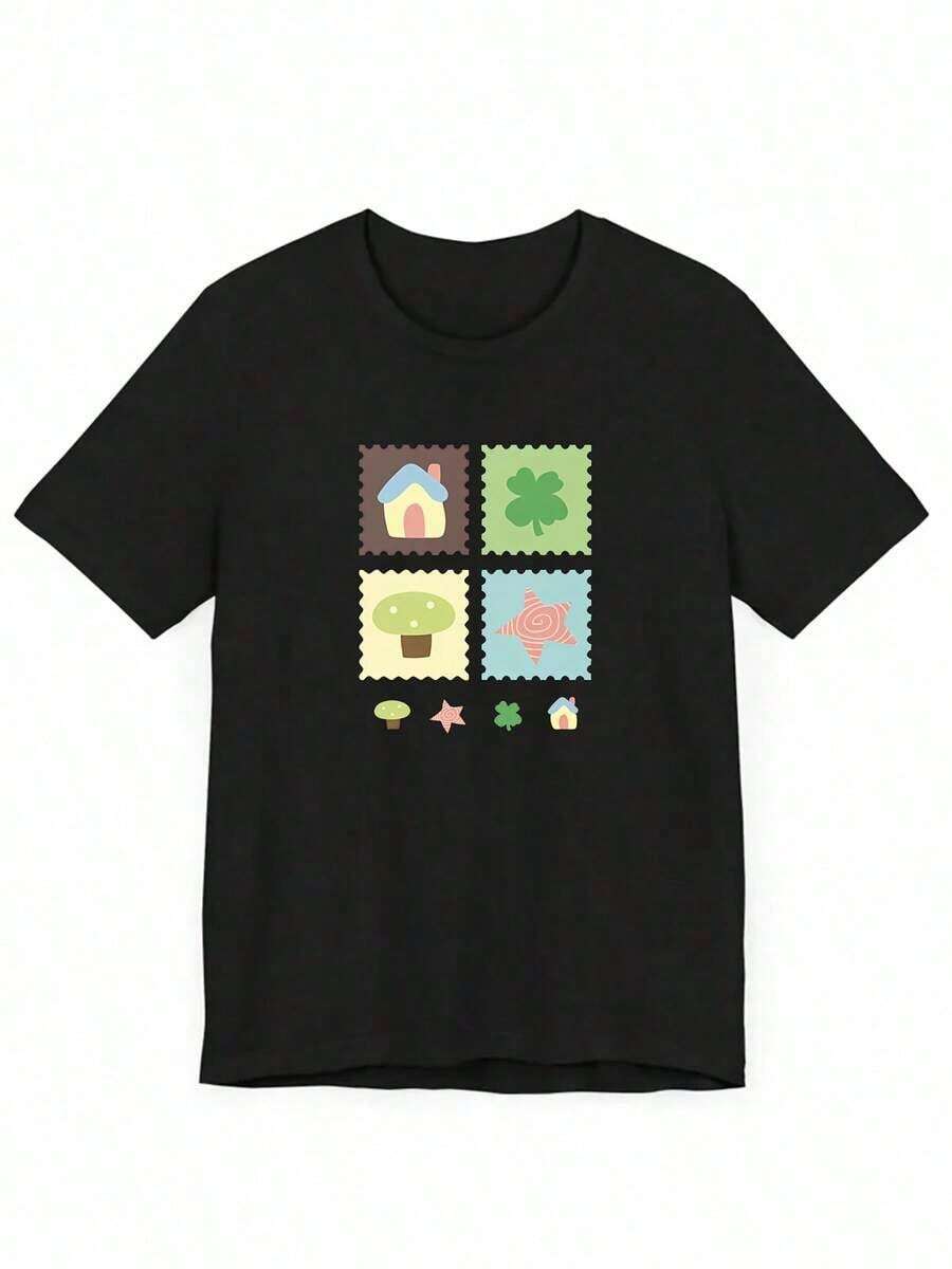 Solt 2026 Spring/Summer New Women's Short Sleeve T-Shirt With Cartoon Print, Women's T-Shirts, Men's T-Shirts, Women's T-Shirts With Curved Graphics - 黑色 - 查看 1