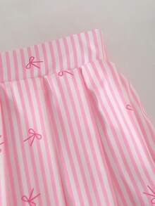 Conjunto de 2 piezas de top de punto acanalado de cuello en V blanco + falda con estampado de lazo a rayas verticales para niñas, adecuado para uso diario, actividades al aire libre y eventos, primavera/verano - Rosa - Ver 5