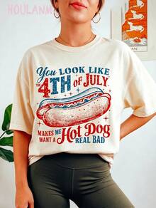 Retro T-Shirt With Cartoon Print "A Bad Day To Be A Hot Dog" For Women | Breathable Spring T-Shirts 100% Cotton, Short Sleeve And Loose Fit. - 杏色2 - 查看 7