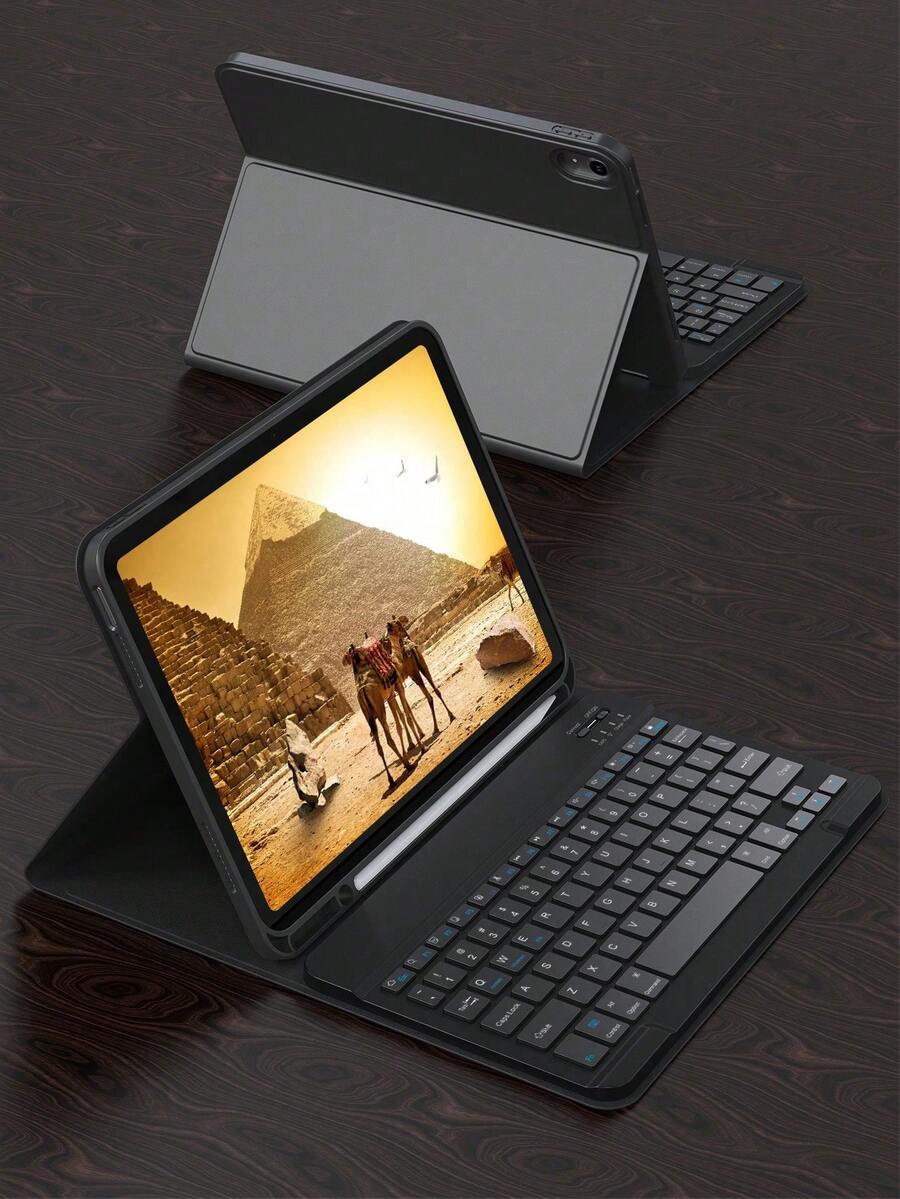 纯色材质翻盖键盘保护套，兼容苹果iPad，内置150mAh电池和Apple Pencil笔槽，适用于iPad Air第五代（2022年）、第四代（2020年）、第六代（2024年）、9.7英寸、第七/八/九代、10.2英寸、10英寸机型，黑色，生日礼物