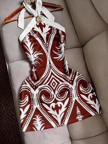 Vestido mini ajustado con estampado de bloques de color, con cuello de halter y cintura con lazo, sexy y casual para playa, vacaciones y viajes para mujeres - Burdeos - Ver 4