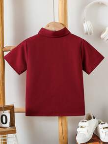 男童純色短袖刺繡襯衫，學院風鈕扣領襯衫，休閒穿搭，紳士風，正式穿著，夏季時尚百搭上衣 - 紅色 - 查看 2